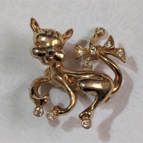 Castlecliff Vintage Gold Kitty Brooch With Rhinestones & Bow Jeweled Cat Pin - Picture 1 of 9